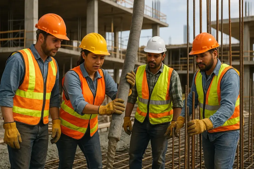 Profissionais da construção civil trabalhando em equipe com EPI em um canteiro de obras